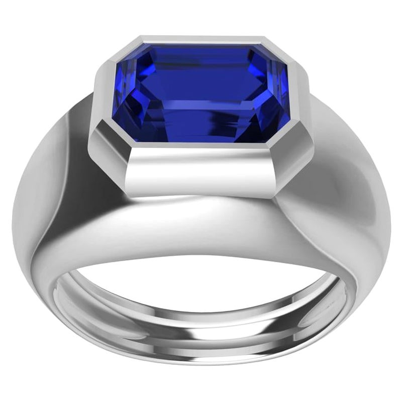 For Sale:  Platinum 2.54 Carat Blue Emerald Cut Sapphire Sculpture Ring