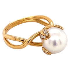 Used Tiffany & Co France Pearl and Diamond Gold Ring Estate Fine Jewelry