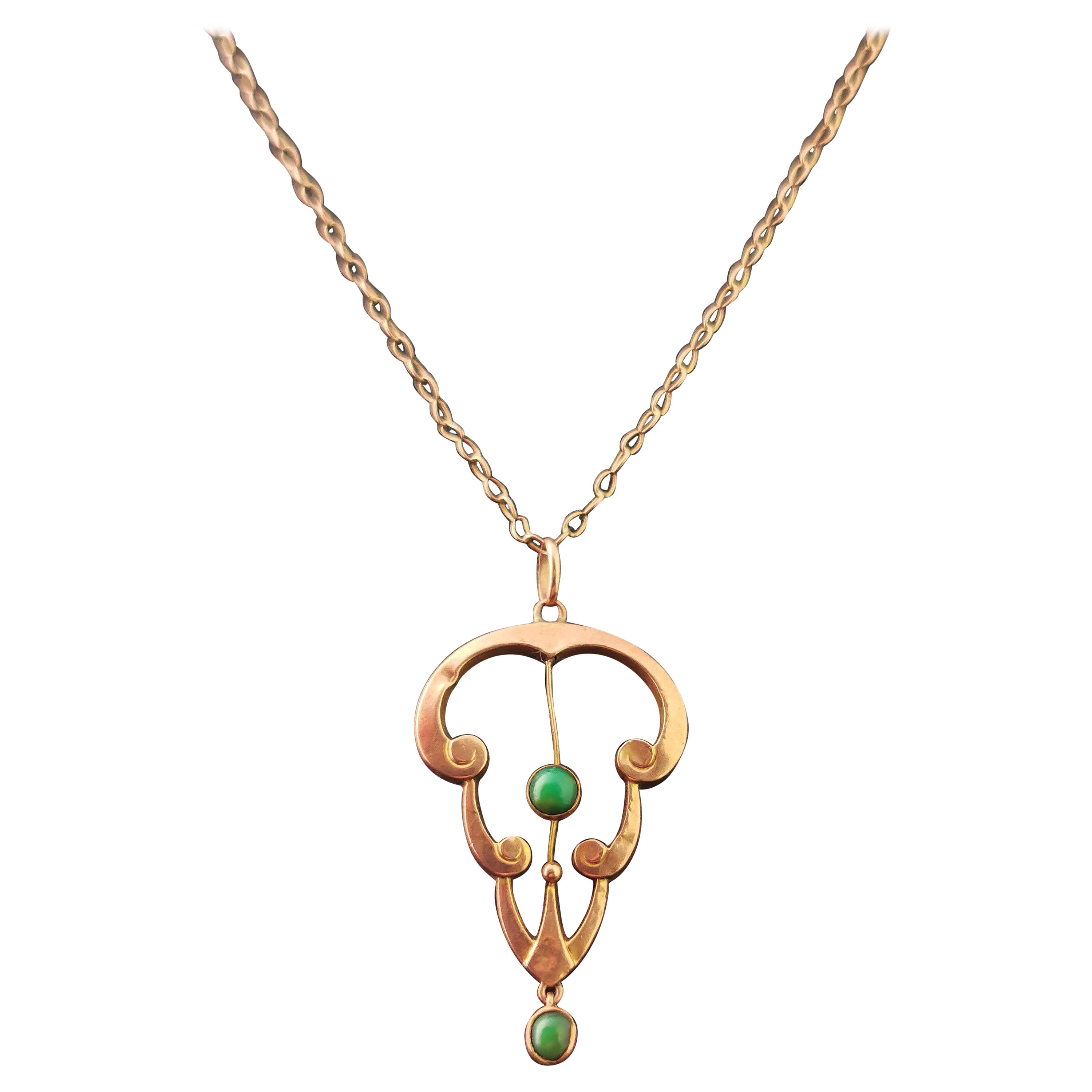 Antique Art Nouveau Turquoise Lavalier Pendant, 9k Rose Gold, Necklace