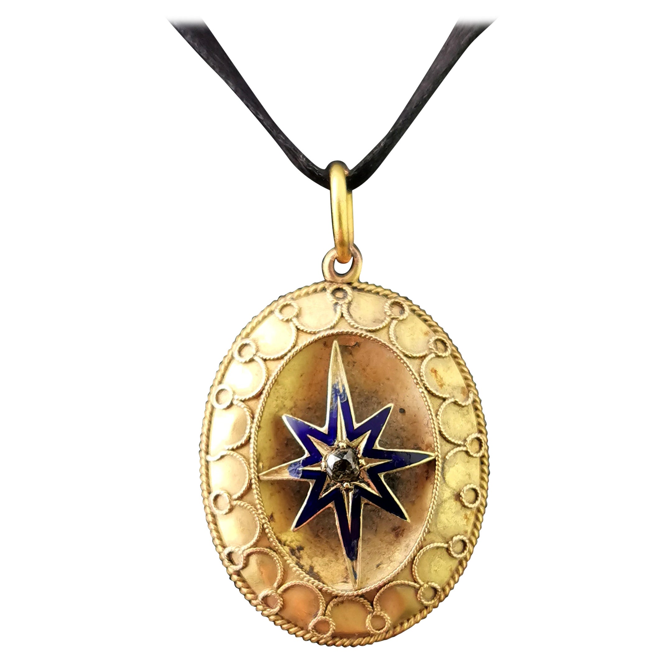 Antique Victorian Diamond Star Pendant, Blue Enamel, 9 Karat Yellow Gold