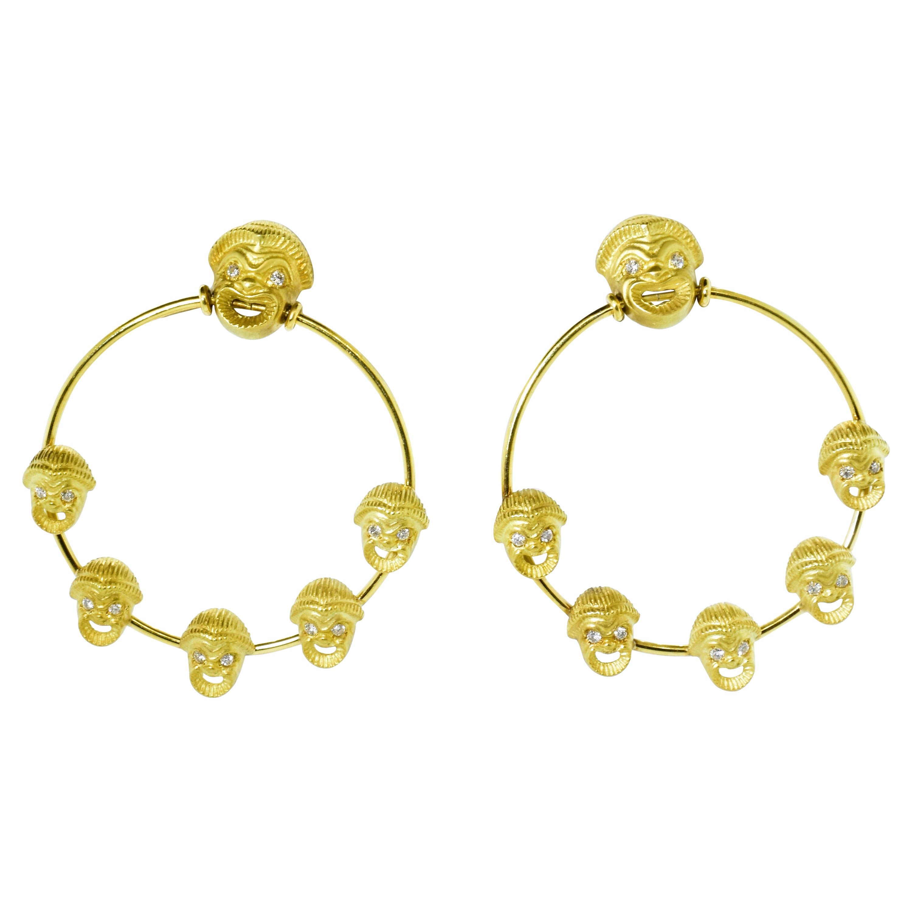 18K Gold and Diamond 'Comedy Mask' Motif Earrings For Sale