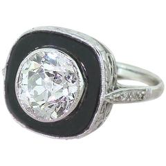 Retro Art Deco 3.02 Carat Old Cut Diamond Onyx Gold Engagement Ring