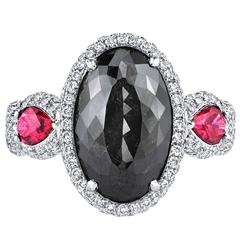 Used Natural Fancy GIA Cert 6.21 Carat Black Diamond Ruby Gold Ring