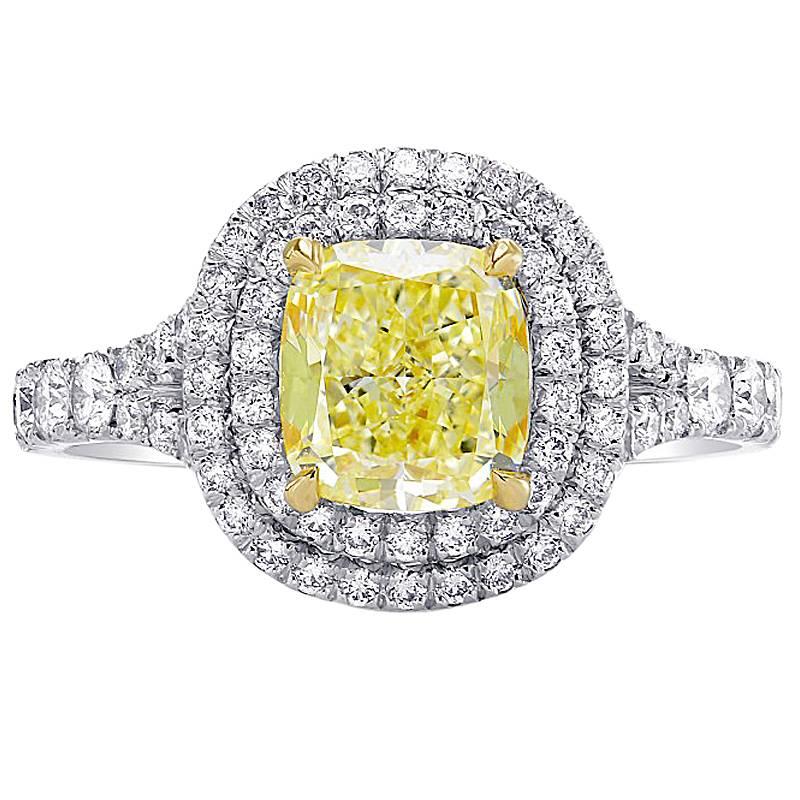 Double Halo Light Yellow and Colorless Diamond Gold Engagement Ring For Sale