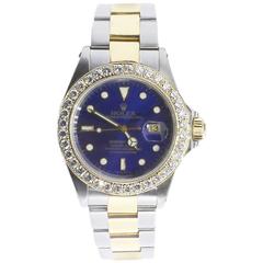 Rolex Yellow Gold Stainless Steel Submariner Custom Diamond Dial Wristwatch