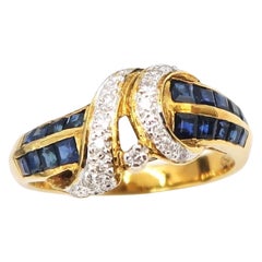 Baguette Blue Sapphire Pandan Leave Knotted Diamond Band Ring in 18K Yellow Gold