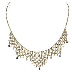 French Antique Openwork Pearl Sapphire Ruby Gold Necklace 9