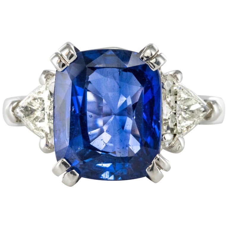 6.27 Carat Cushion Sapphire Trillion Cut Diamond Gold Ring For Sale at ...