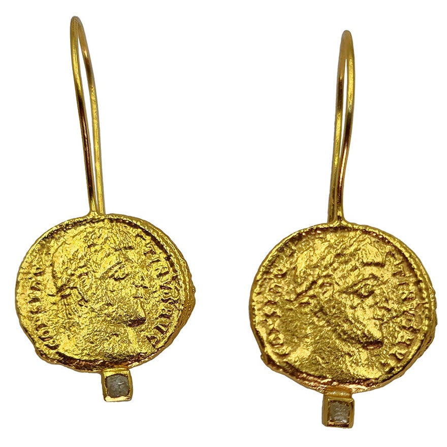 Raw Diamond Ancient Coins 24K Gold Plate Silver Contemporary Modern Earrings For Sale