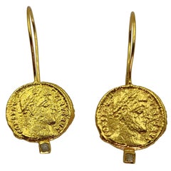 Raw Diamond Ancient Coins 24K Gold Plate Silver Contemporary Modern Earrings