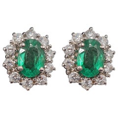 Lady D Green Emerald Round Cut with Diamond Halo Stud Earrings White Gold Set