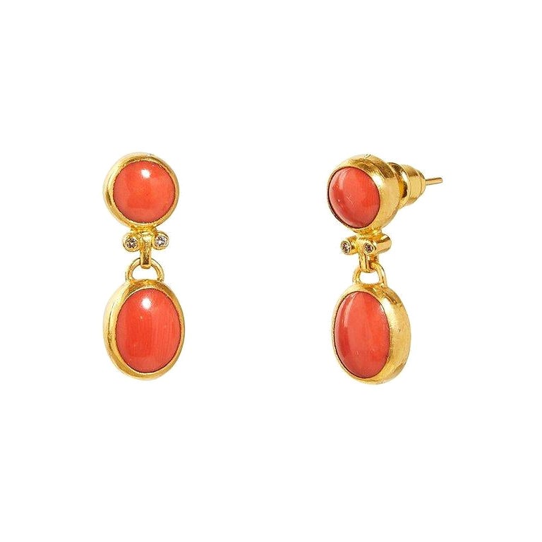 One-of-a-kind Rune Gold Drop Earrings, with Coral For Sale