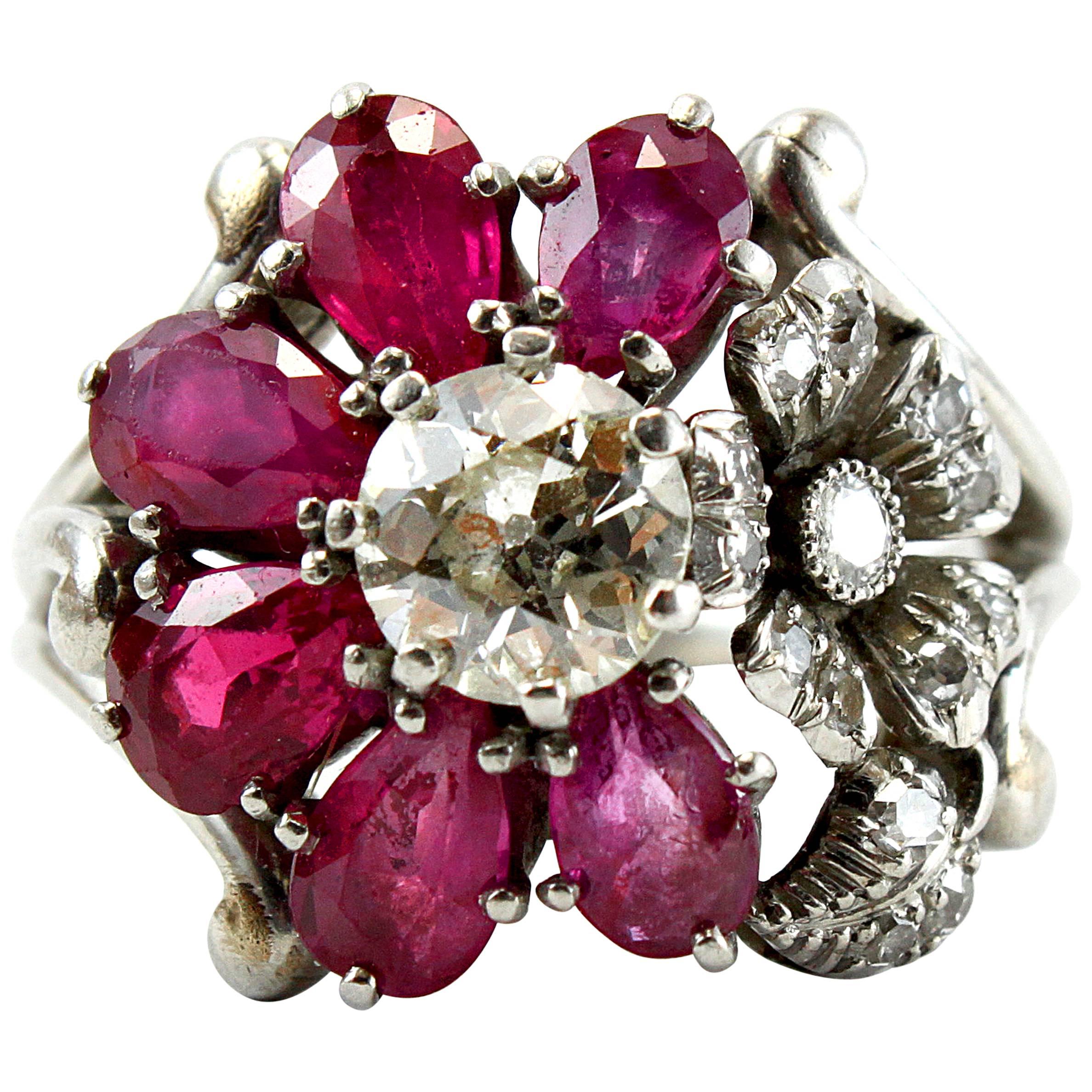 1940s Ruby Diamond Flower Cluster Ring For Sale