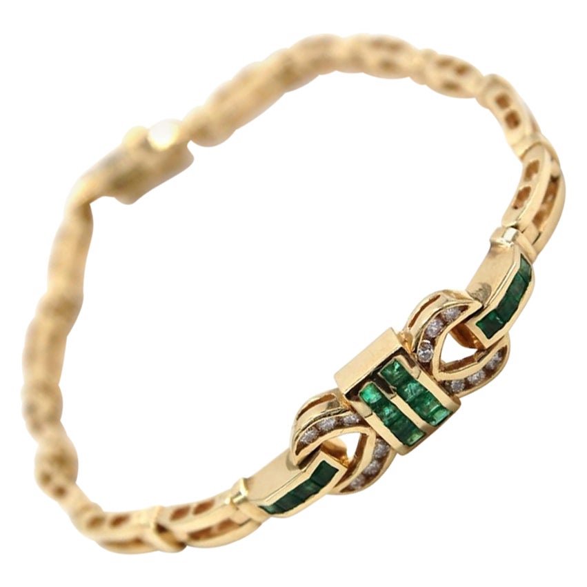 14 Karat Gold Vintage Smaragd-Armband mit Diamanten gefasst im Angebot