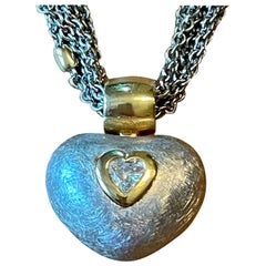 Italian Multi Chain Necklace 18 K White Yellow Gold with Heart Diamond Pendant