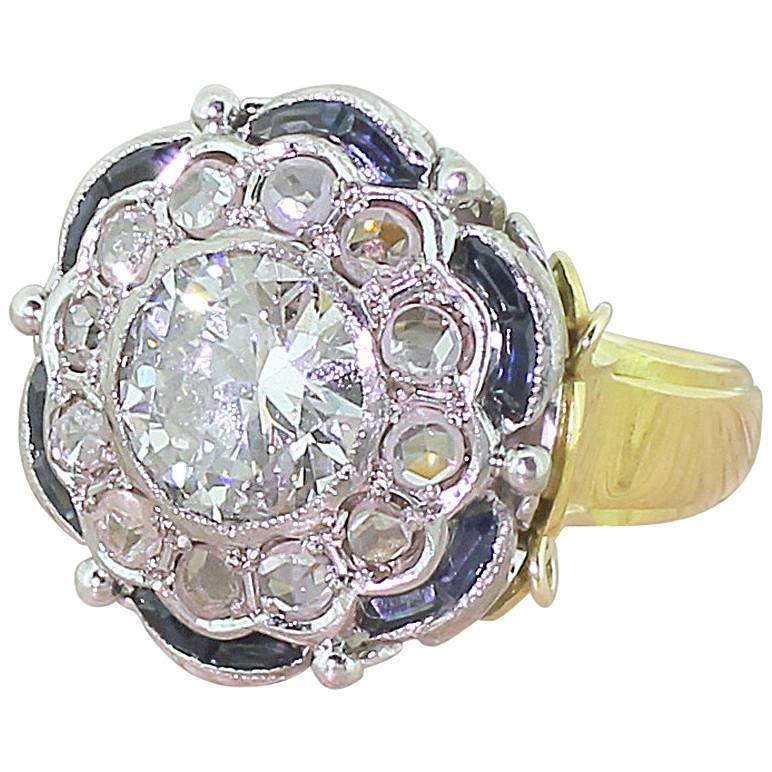 Art Deco 1.97 Carat Old Cut and Rose Cut Diamond Sapphire Gold Cluster Ring For Sale