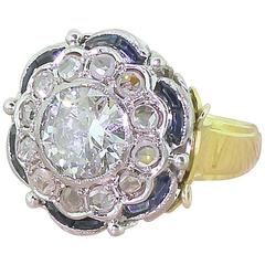 Art Deco 1.97 Carat Old Cut and Rose Cut Diamond Sapphire Gold Cluster Ring