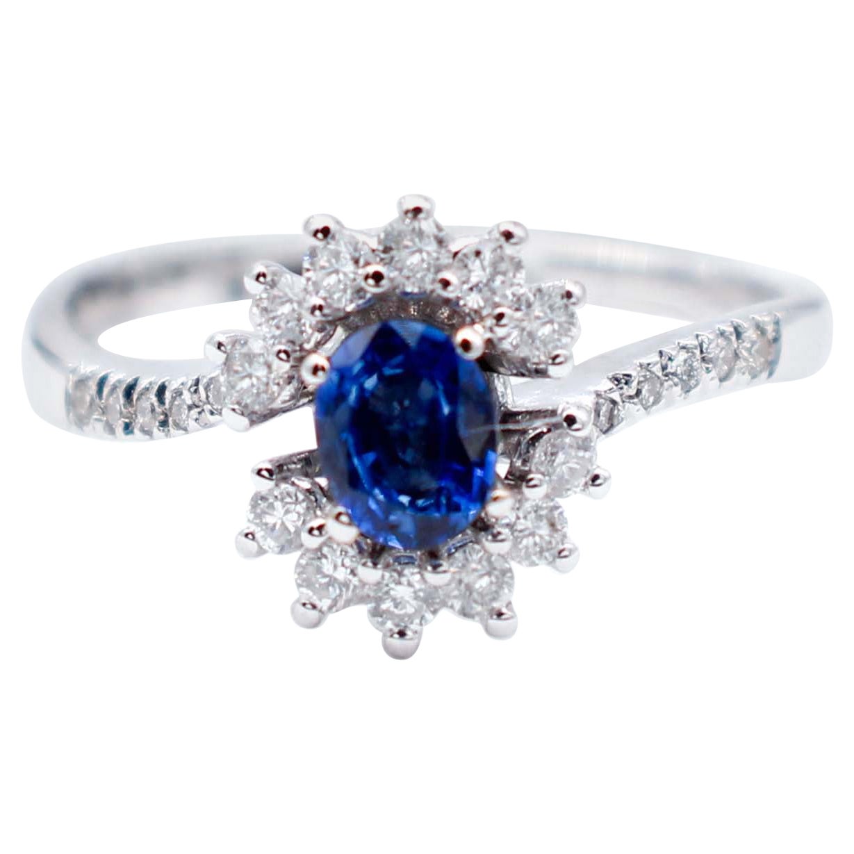 Blue Sapphire, White Diamonds, 18 Karat White Gold Engagement Ring