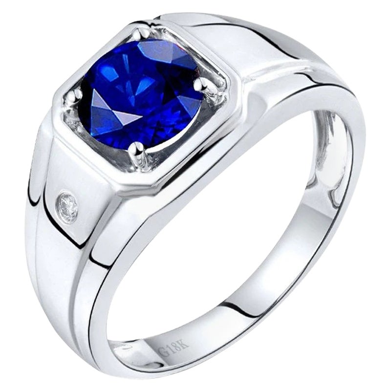 Mens Sapphire Diamond Ring 18 Karat White Gold  For Sale