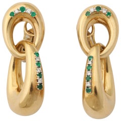 1960s Emerald Diamond Gold Double Loop Doorknocker Earrings