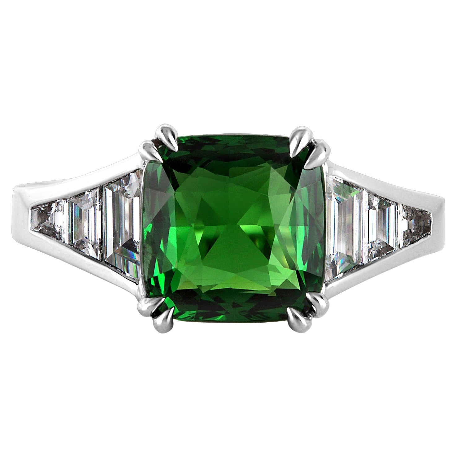 GIA 4.0ctw Natural Vivid Green Tsavorite Cushion & Diamonds Platinum Ring