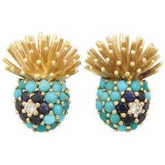 1960s Pave Turquoise Sapphire Diamond Gold Thistle Earclips