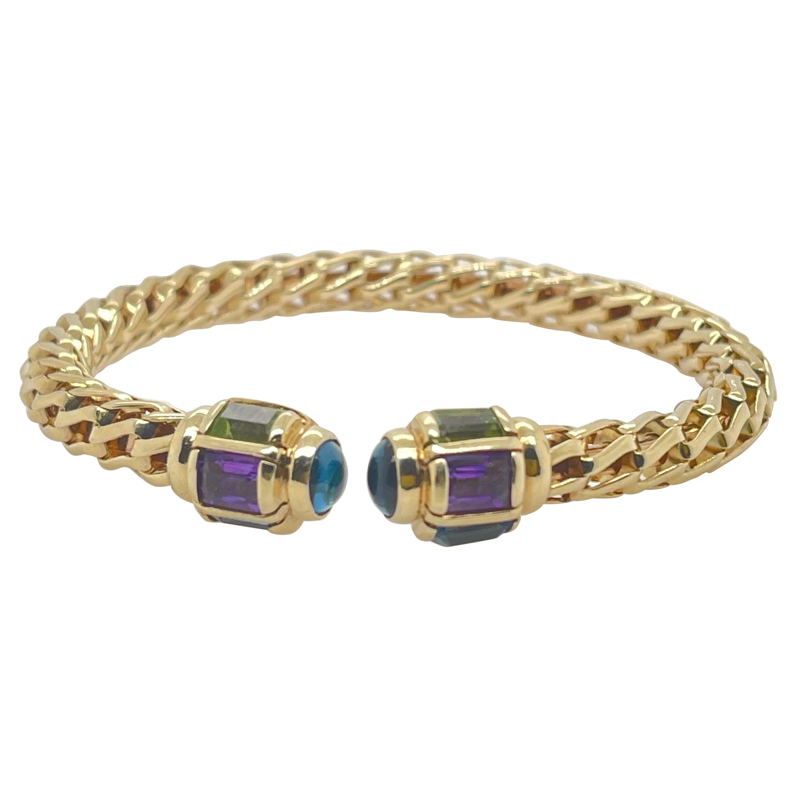 Yellow Gold Vintage Multi-Coloured Emerald & Bezel Set Gemstone Flexible Bangle For Sale