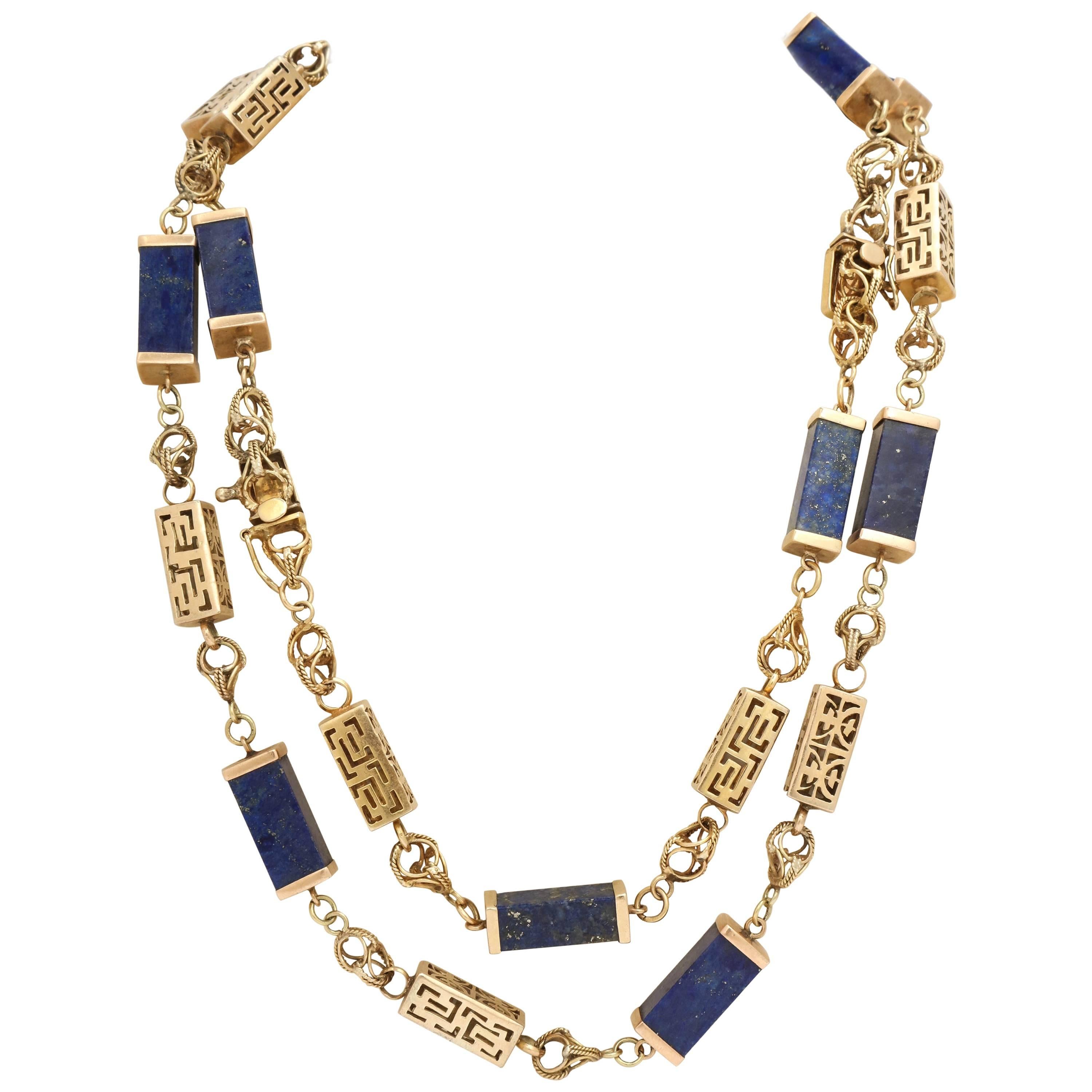 1950s Lapis Lazuli Gold Necklace Bracelet Long Chain Combination 