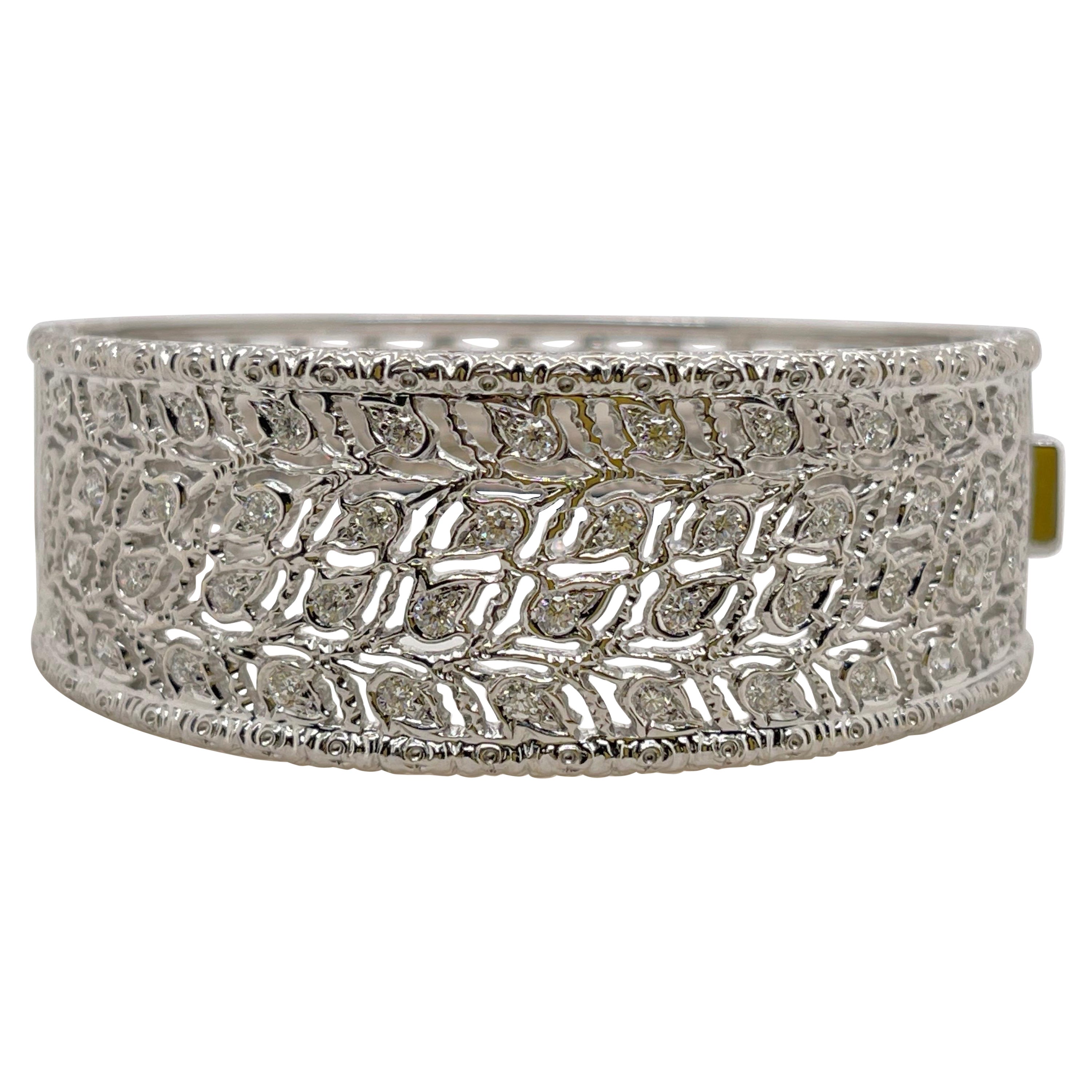 Brushed White Gold & Round Diamond Leaf Hinged Cuff For Sale