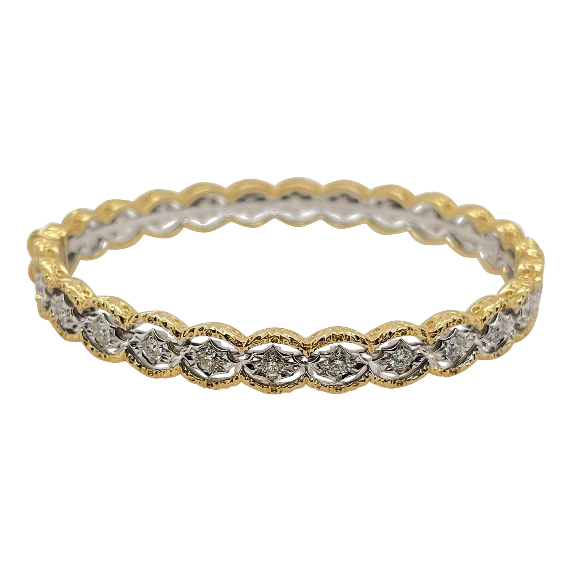 Brushed Yellow Gold Round Diamond & White Gold Hinged Bangle For Sale