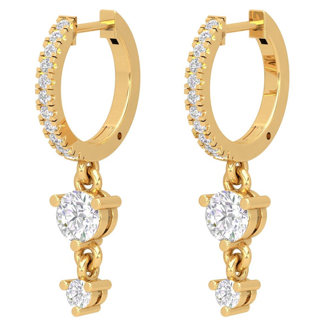 14 Karat Gold Double Drop Diamond Huggie Hoop Earrings