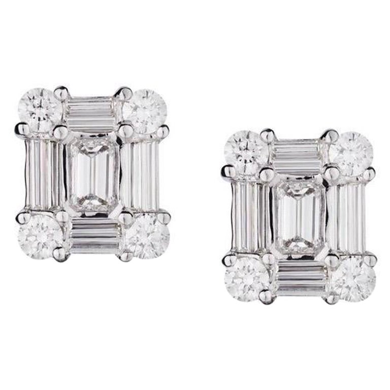 White Gold Diamond Baguette & Round Diamond Stud Earrings