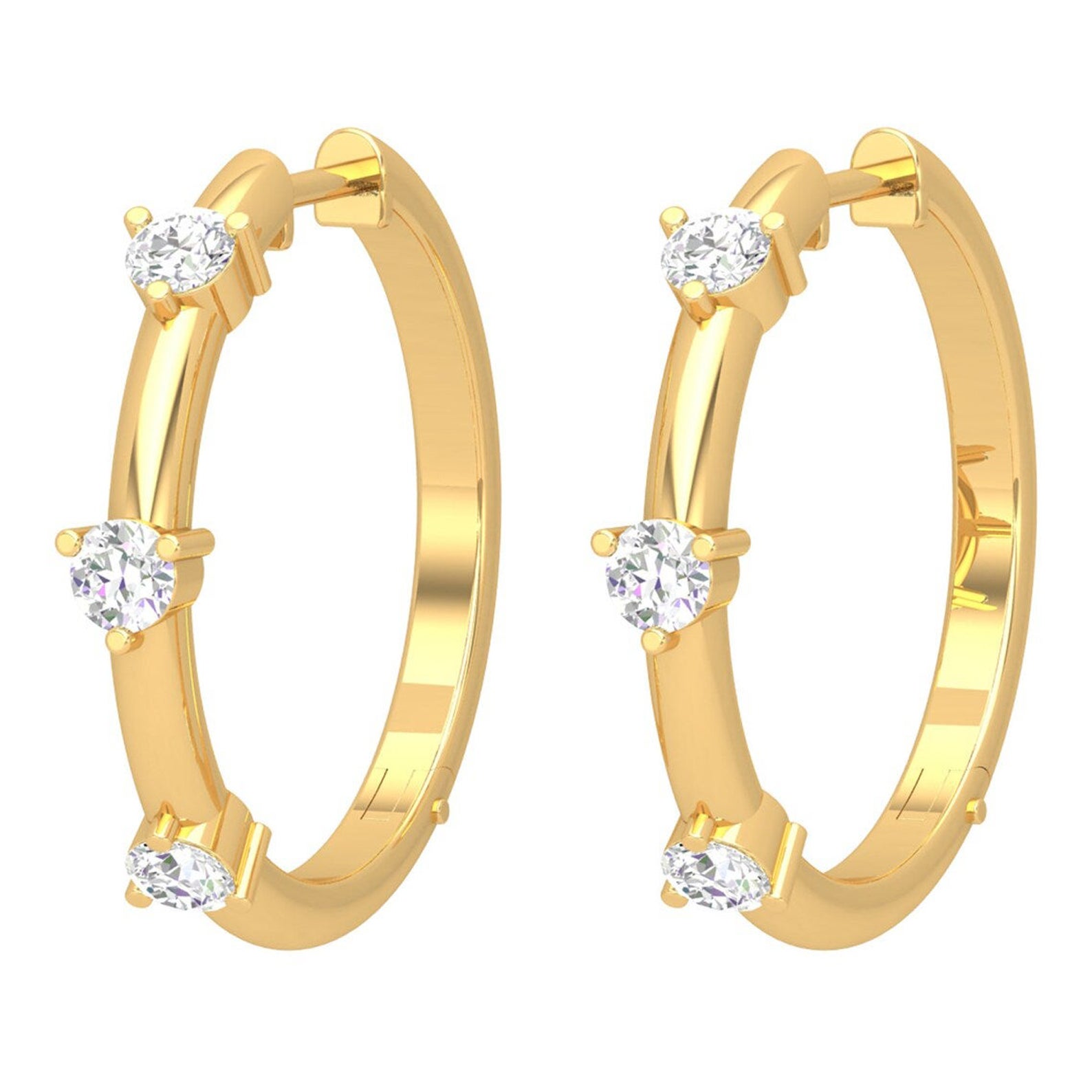 14 Karat Gold Station Diamond Hoop Earrings For Sale