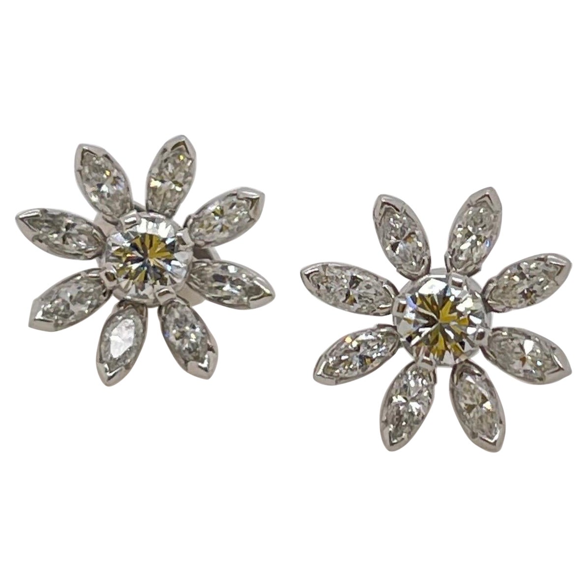 White Gold Marquise & Round Diamond Flower Stud Earrings