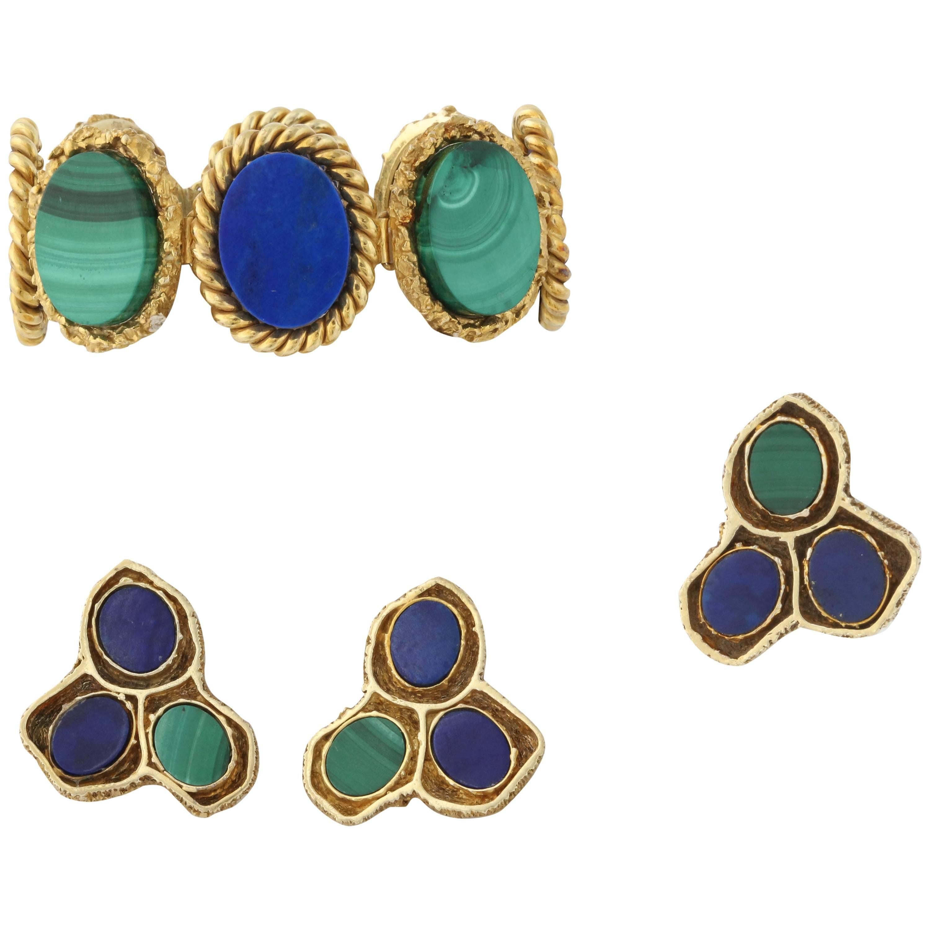 1960s High Quality Oval Cut Lapis Lazuli And Malachite Flexible Link Bracelet For Sale