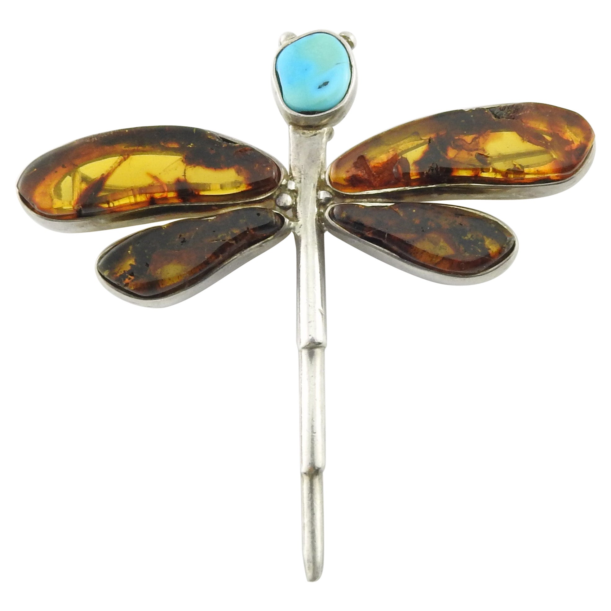 Sterling Silver Amber and Turquoise Dragonfly Pendant Pin
