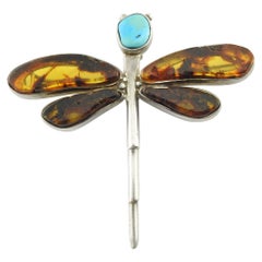 Vintage Sterling Silver Amber and Turquoise Dragonfly Pendant Pin