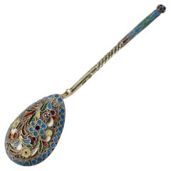 Antique Imperial Russian Silver & Cloisonne Enamel Tea / Kvosh Spoon by Eros Samoschin