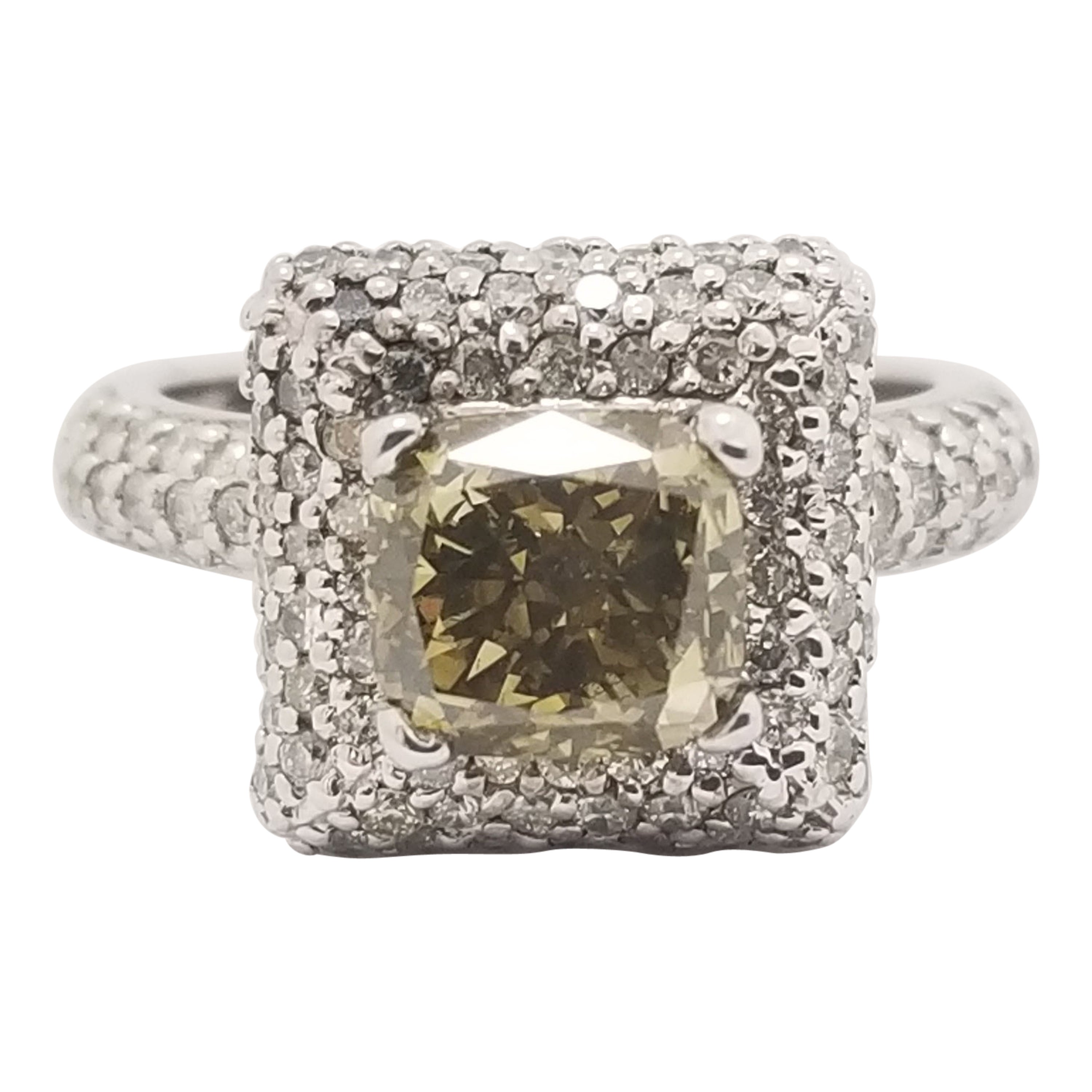 GIA 2.37 Carat Cushion Cut Fancy Yellow Natural Diamond Ring 14 Karat