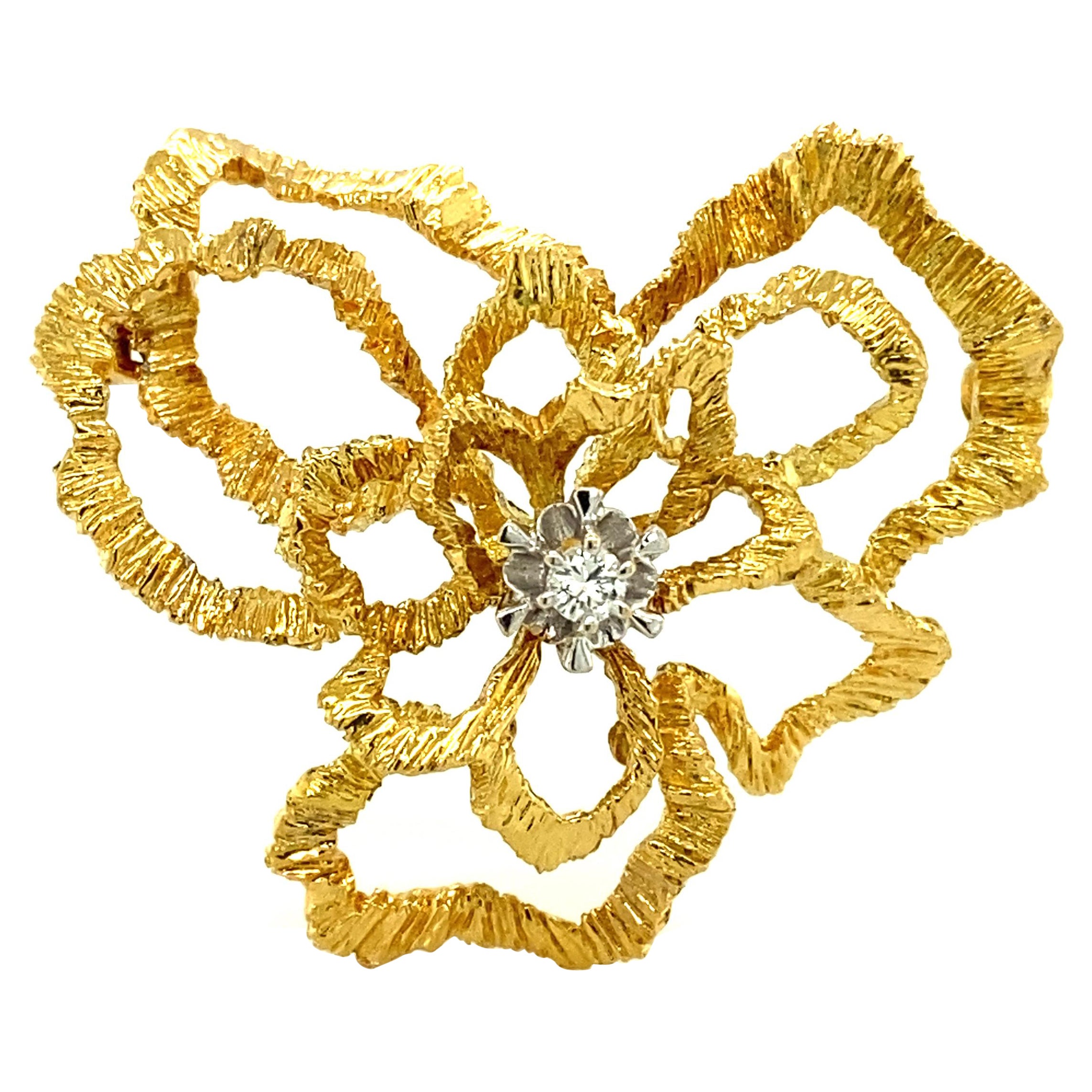 Diamond Flower Brooch in 18 Karat Yellow and White Gold