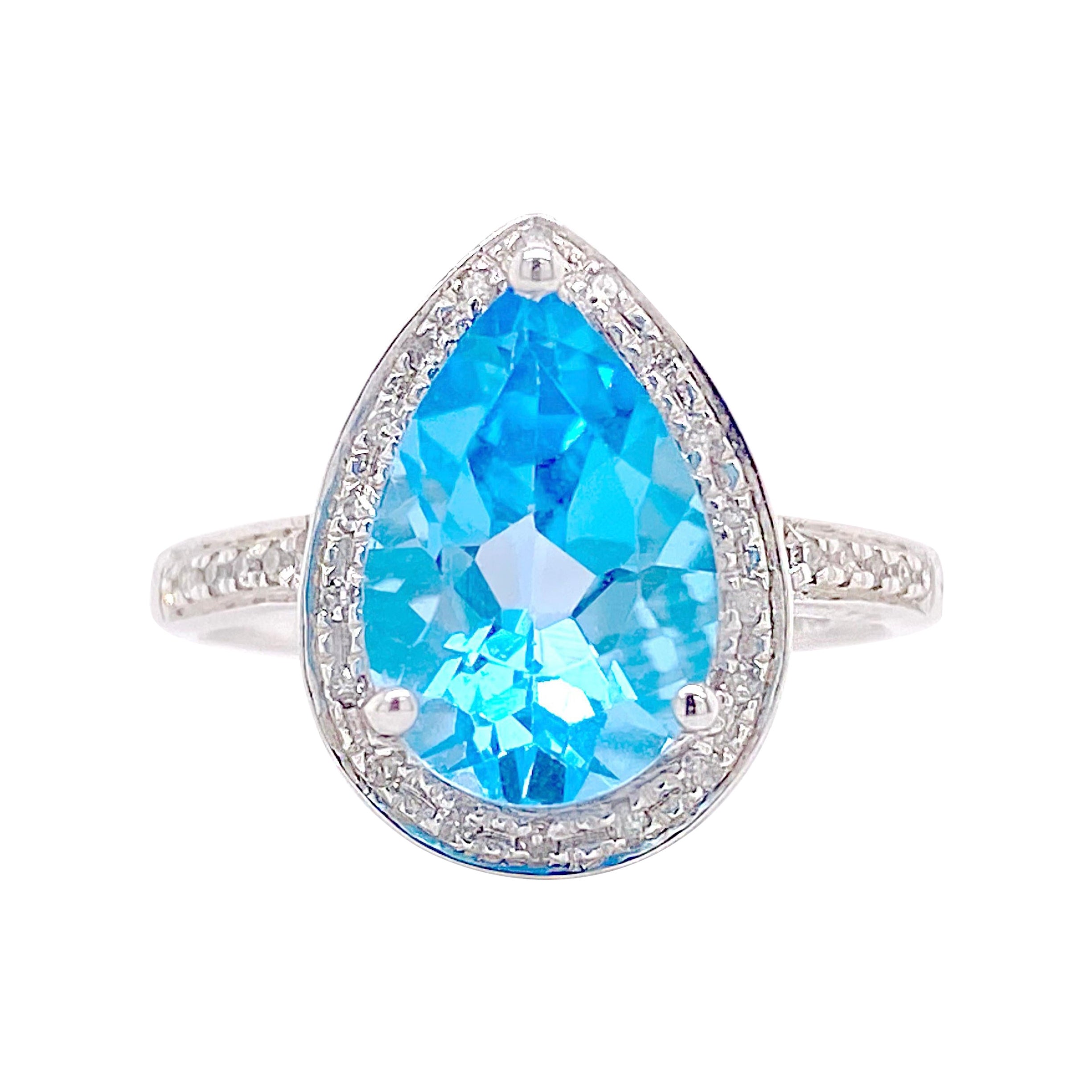 4 Carat Blue Topaz and Diamond Halo Ring, Pear Shaped Blue Topaz 14K White Gold