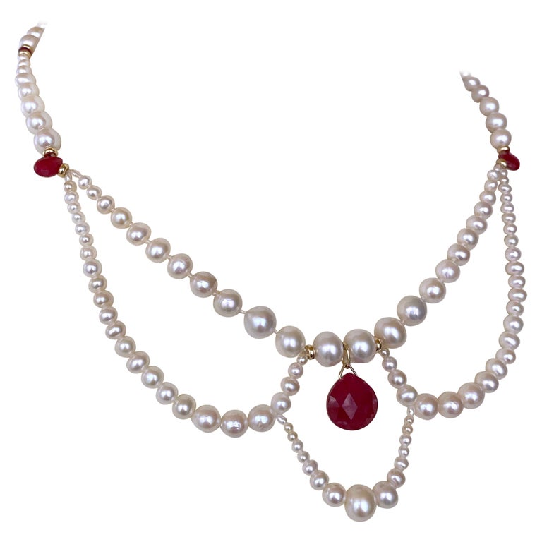 Marina J. Pearl, Ruby and 14k Yellow Gold Victorian Inspired Necklace For Sale