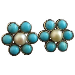 Antique Turquoise and Pearl Flower Earrings, 9 Karat Yellow Gold