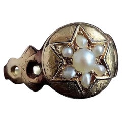 Antique Victorian Pearl Star Mourning Ring, 15 Karat Gold, Locket Back