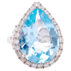 Original Blue Topaz with Diamond Halo Ring, Custom Pear Blue Topaz in White Gold