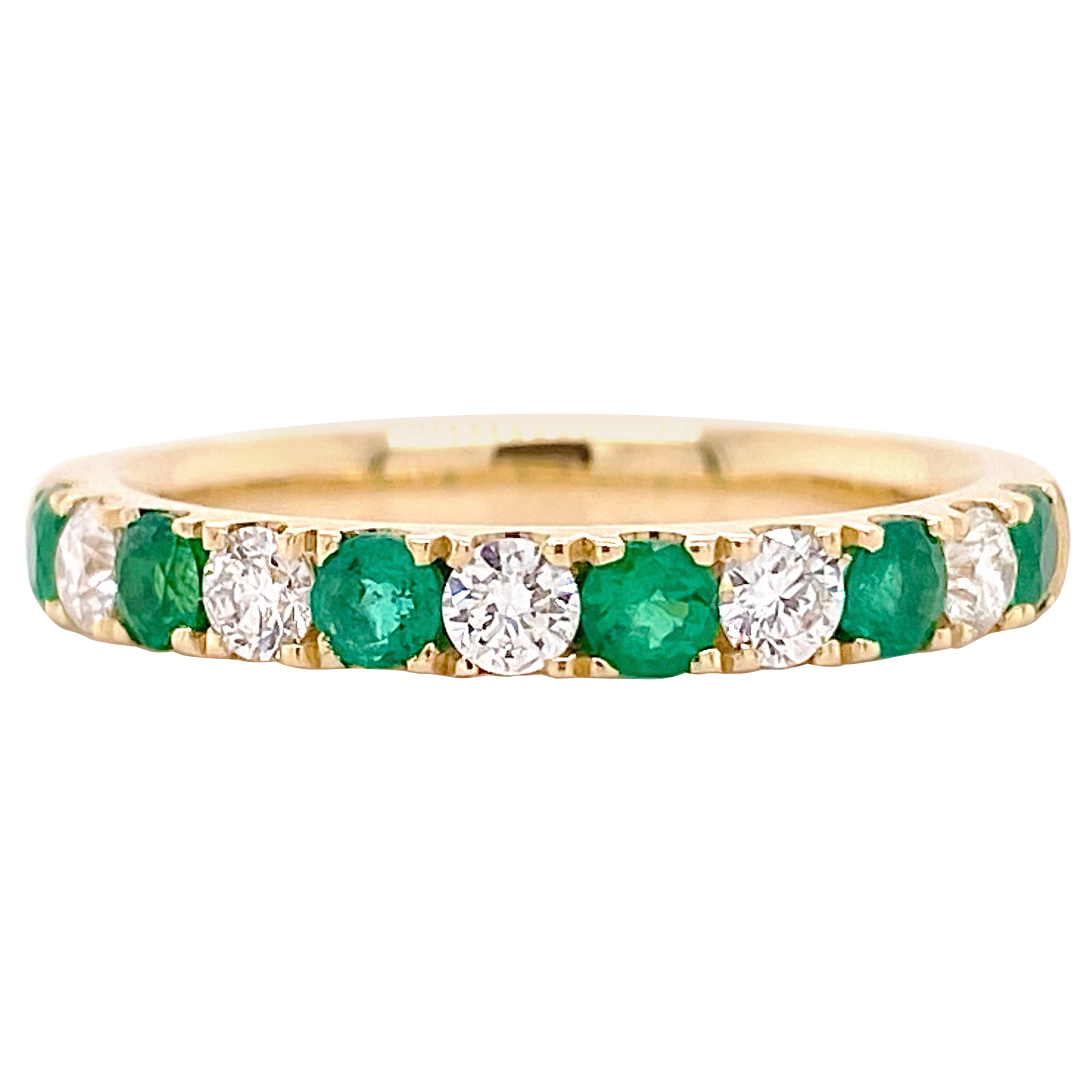 Diamond Emerald Band, Yellow Gold Wedding Ring, Green Emeralds and White Diamond