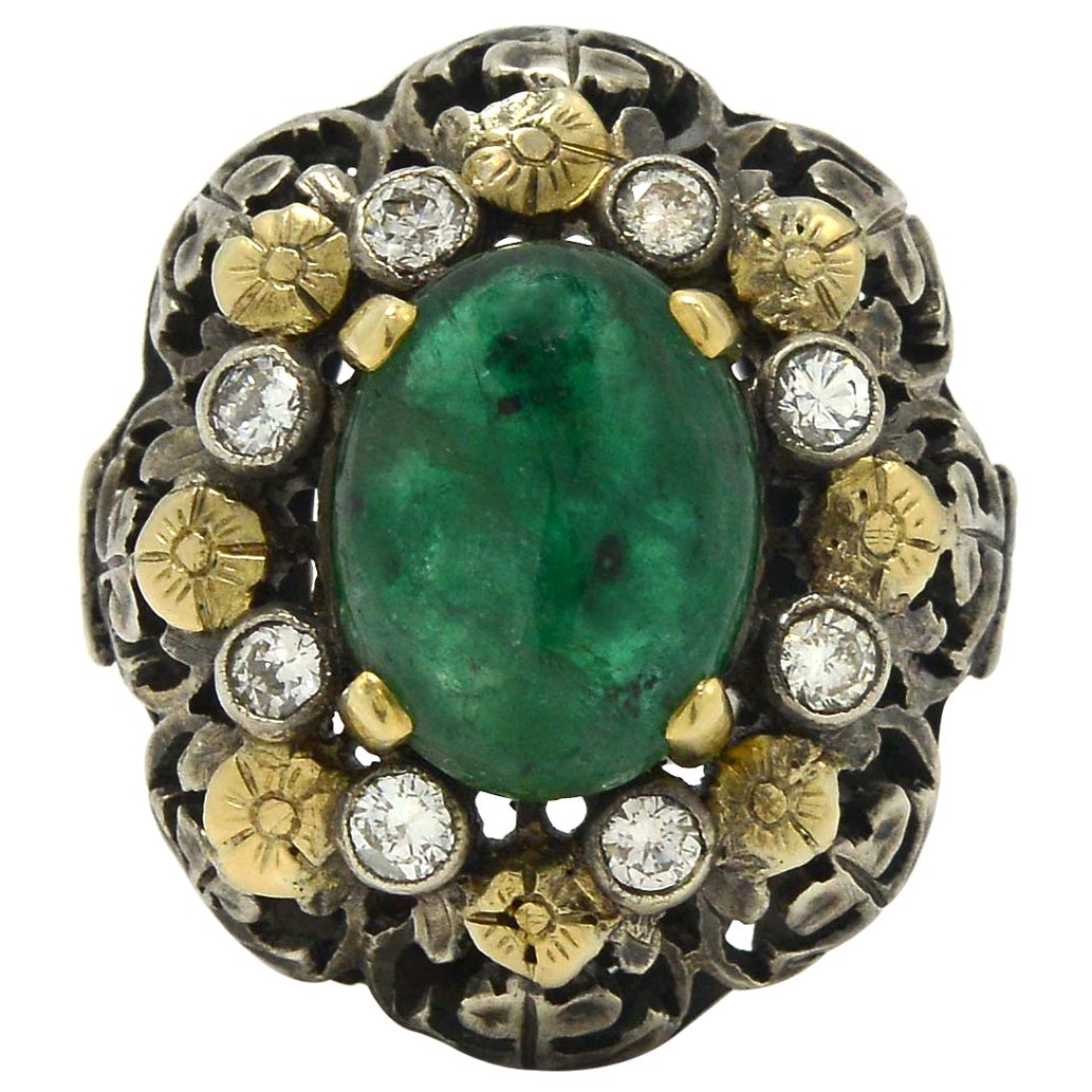 Antique 3 Carat Oval Emerald Dome Cocktail Ring Cabochon Filigree Flower Cluster