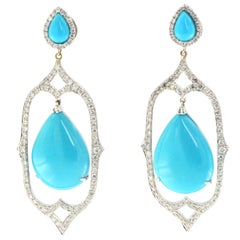 Sleeping Beauty Oval Turquoise Diamond Dangle Drop Earring 