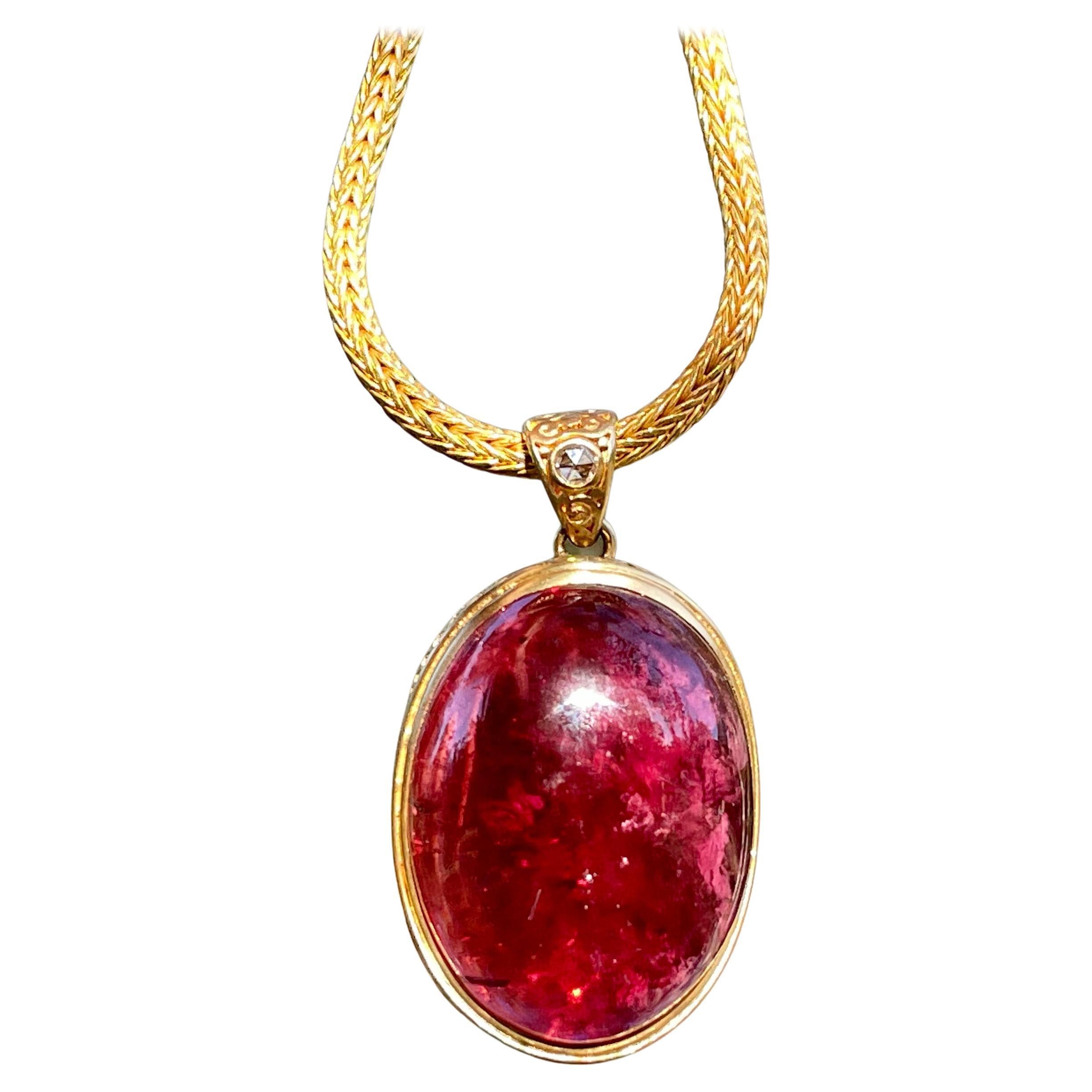 88.7 Carat Pink Tourmaline Cabochon Diamond 18K Gold Pendant For Sale