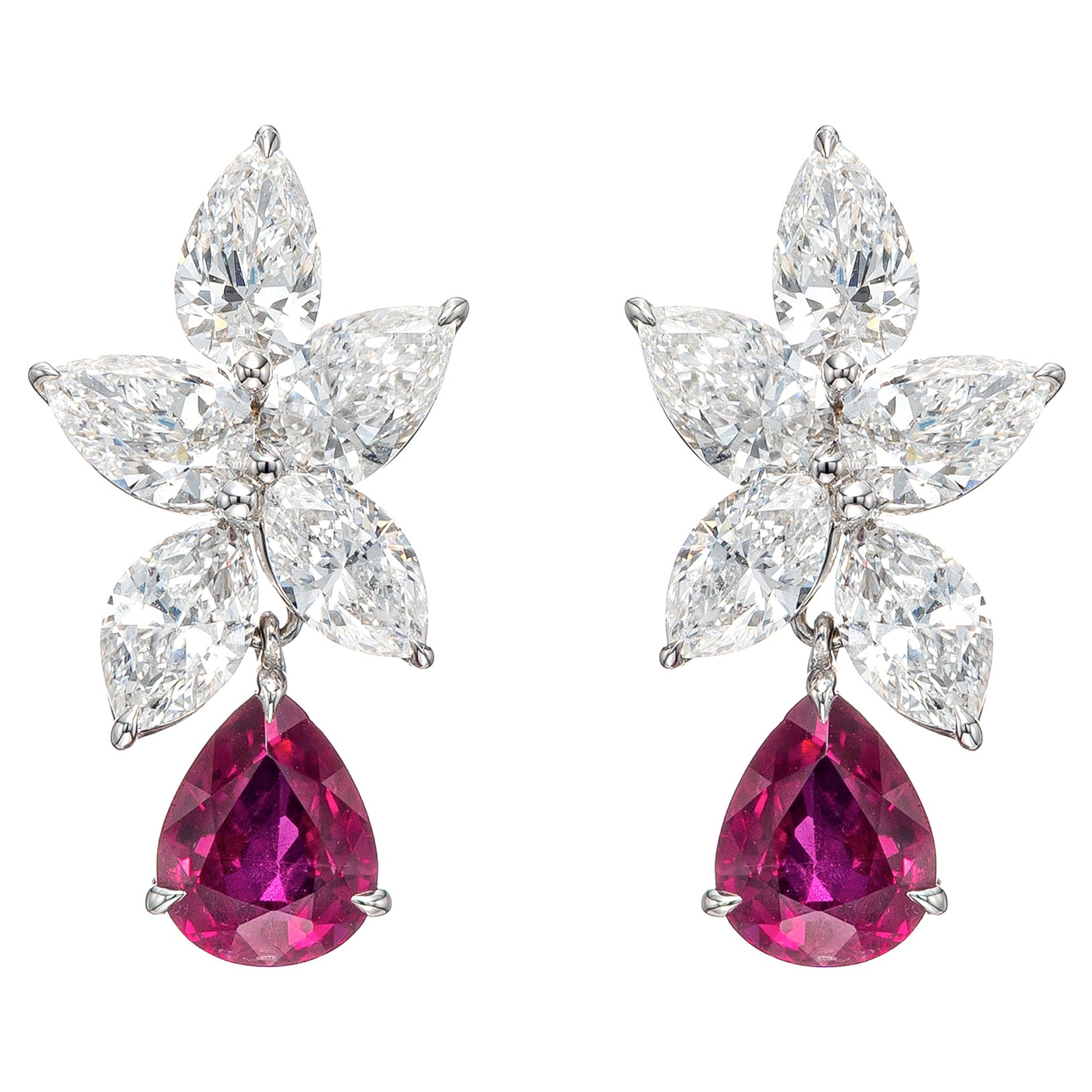 3.08 Carat Pear Shape Ruby and Diamond Cluster Earrings in 18K White Gold For Sale
